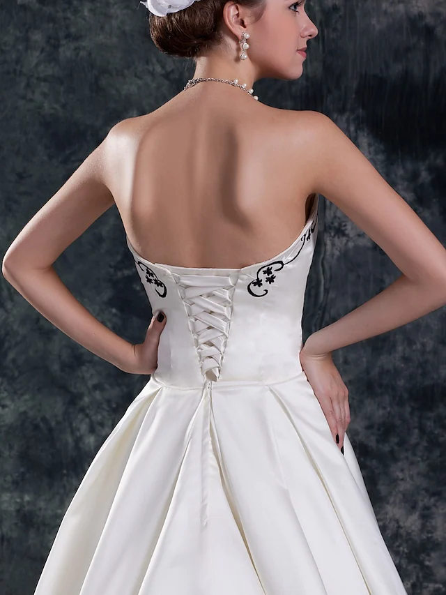 A-Line Wedding Dresses Strapless Court Train Organza Satin Strapless with Embroidery With Flower