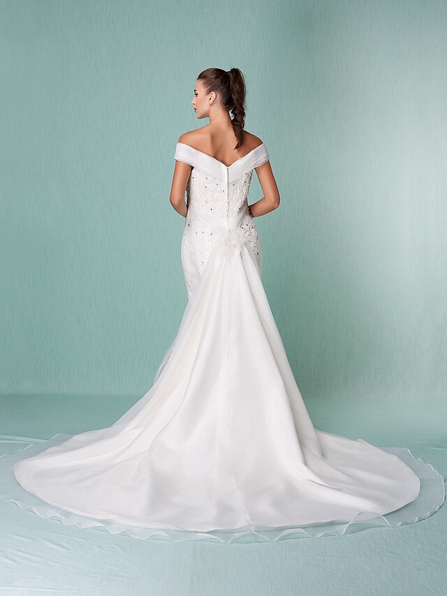 Wedding Dresses Off Shoulder Chapel Train Organza Short Sleeve with Beading Appliques Crystal