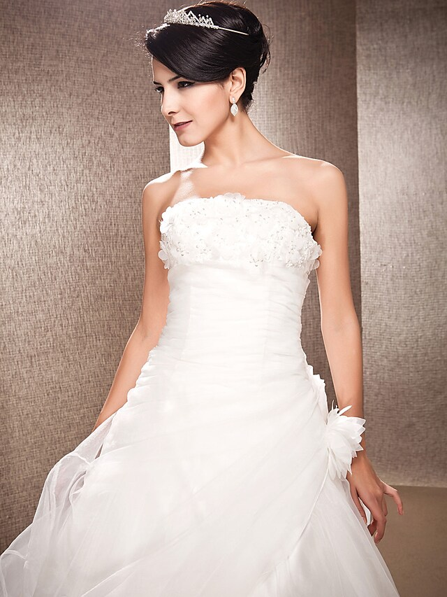 Ball Gown A-Line Wedding Dresses Strapless Court Train Organza Sleeveless Off Shoulder