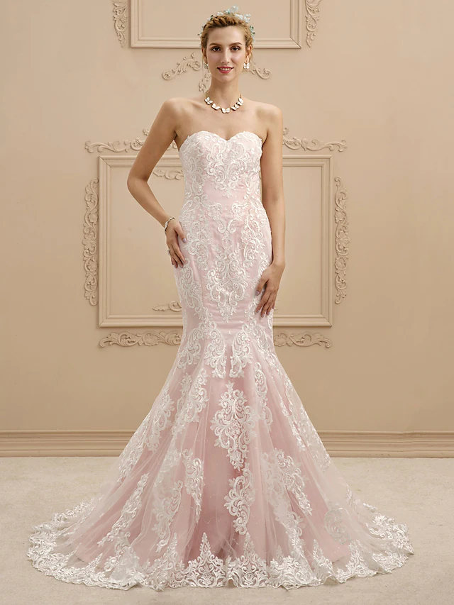 Wedding Dresses Sweetheart Neckline Court Train Lace Strapless Sexy Illusion Detail