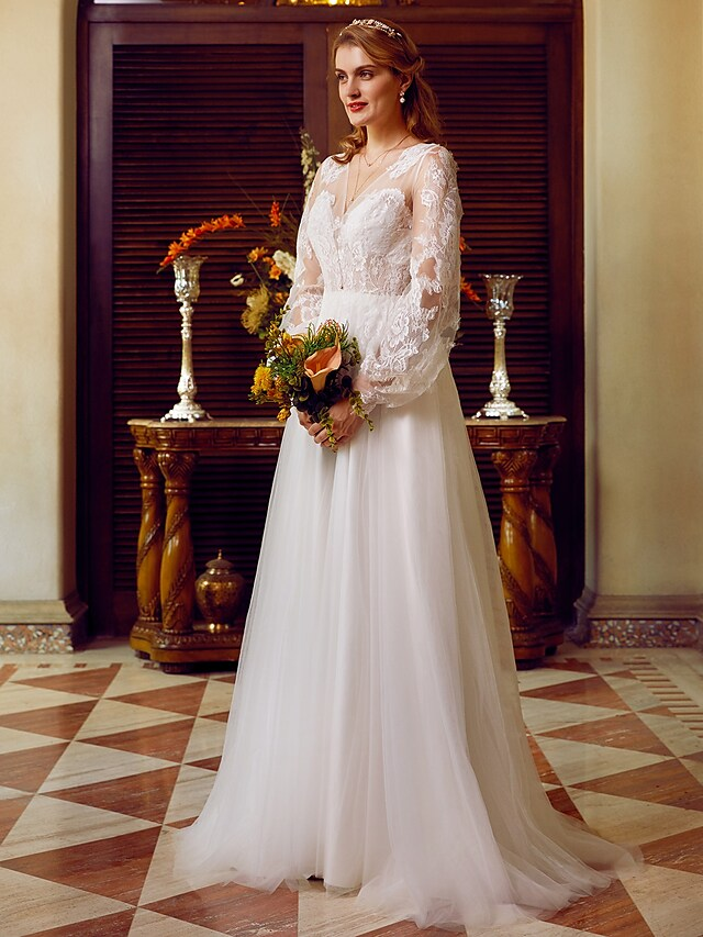 A-Line Wedding Dresses V Neck Lace Tulle Long Sleeve See-Through Pure Color
