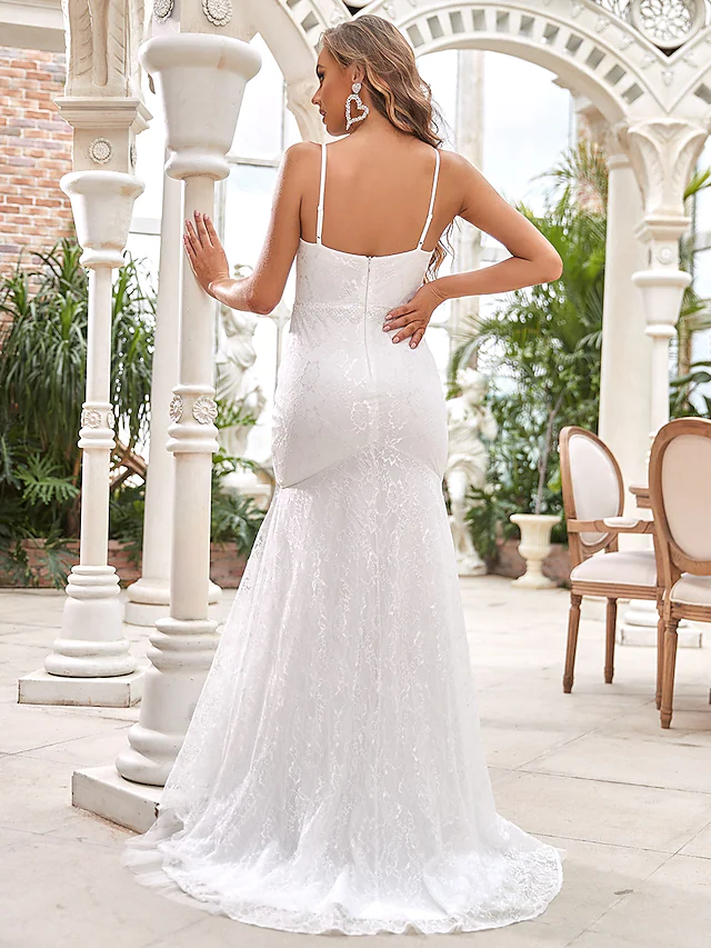 Long Wedding Dresses V Neck Lace Tulle Sleeveless Romantic with Lace