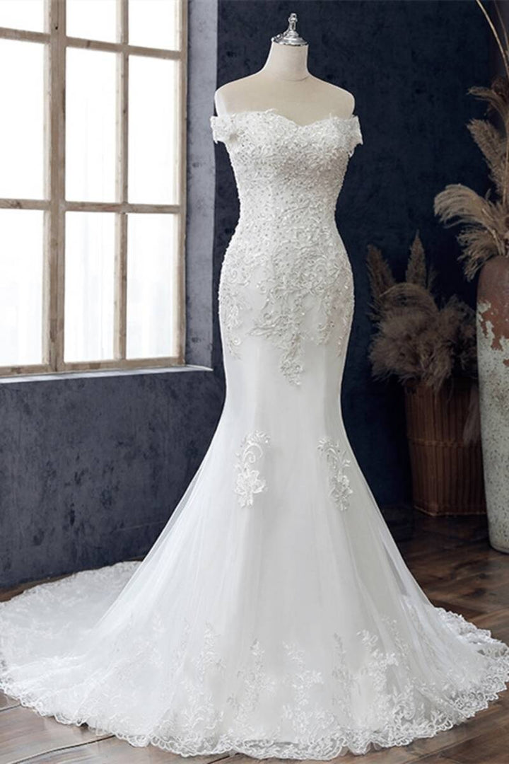 White Beaded Embroidered Off-the-Shoulder Wedding Dress Beautiful