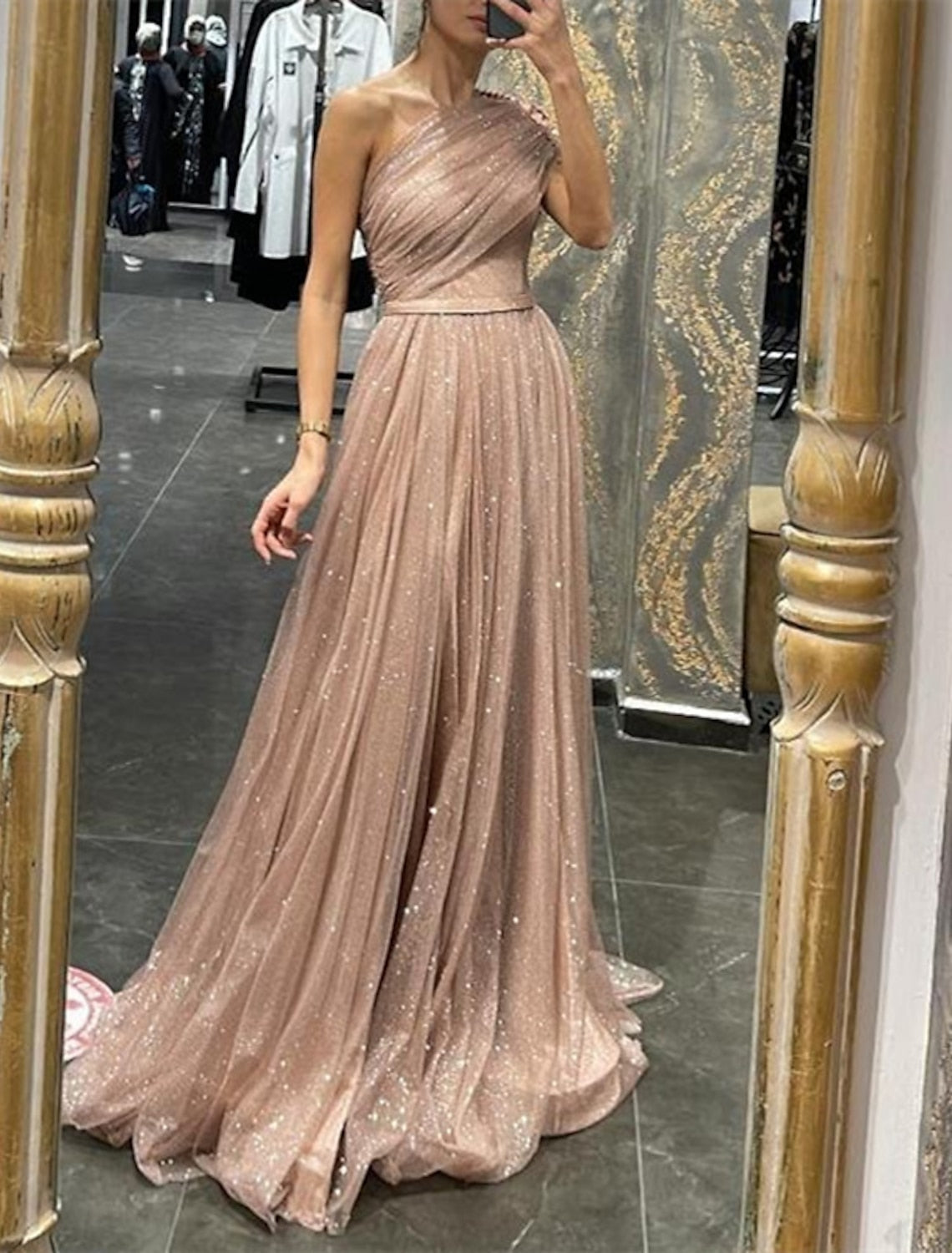 A-Line/Princess One-Shoulder Long Prom Dresses With Sequins Sparkly Evening Dresses