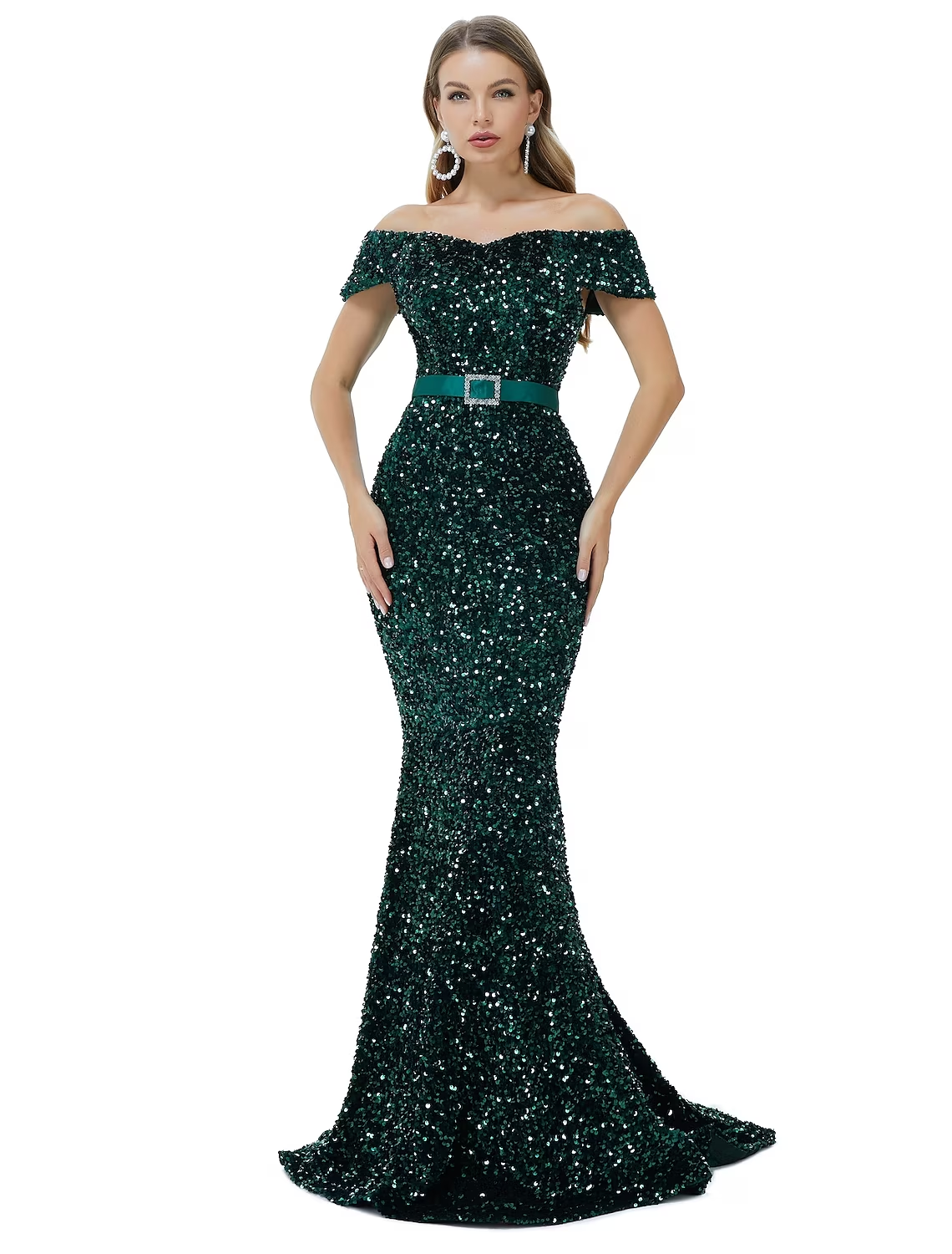 Mermaid / Trumpet Sparkle bodycon Engagement Formal Evening Dress Off Shoulder Cowl Back Sleeveless Court Train Sequined