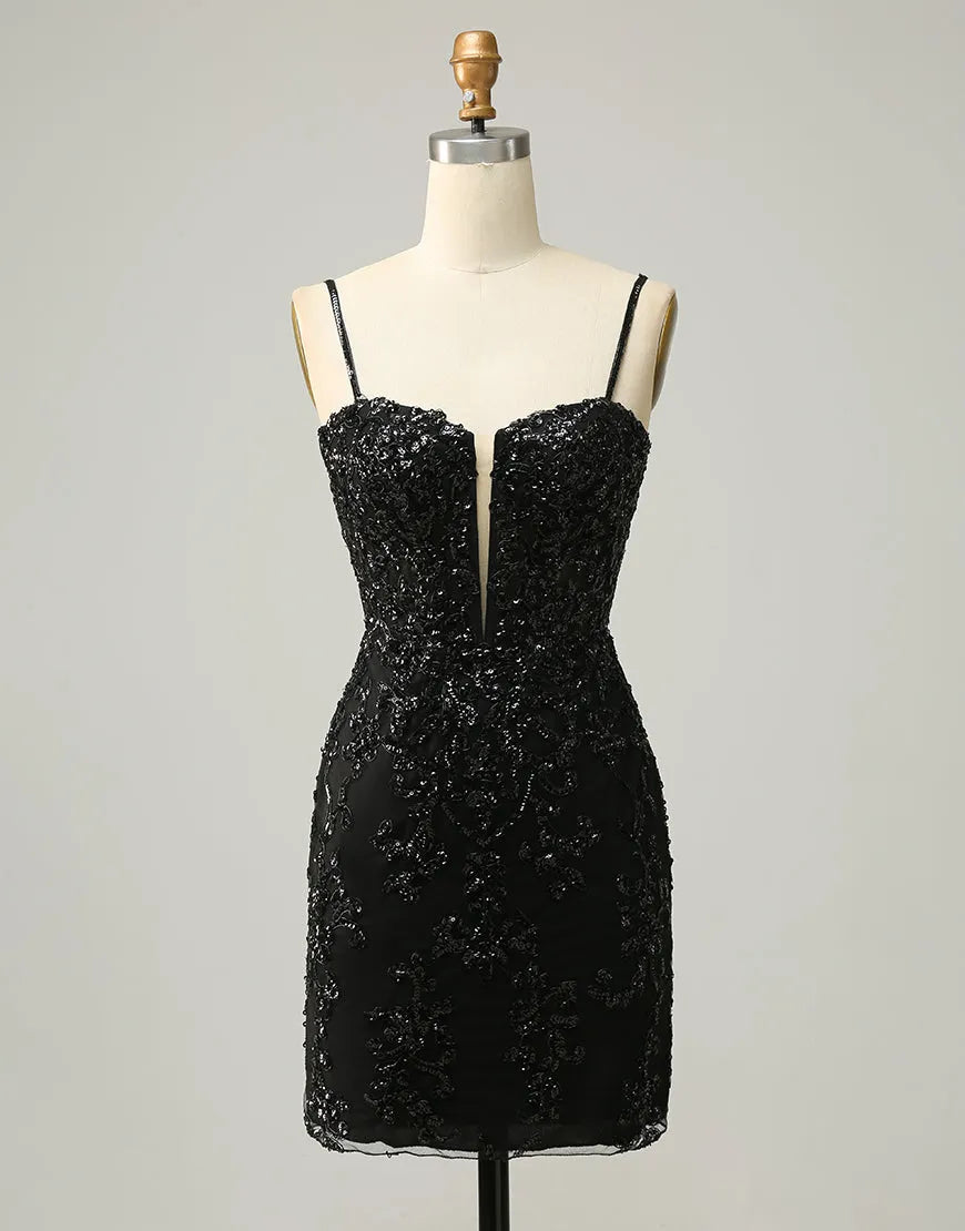 Spaghetti Straps Corset Back Sequin Homecoming Dress Short