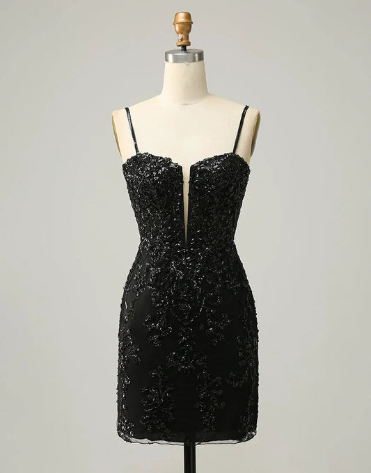 Spaghetti Straps Corset Back Sequin Homecoming Dress Short