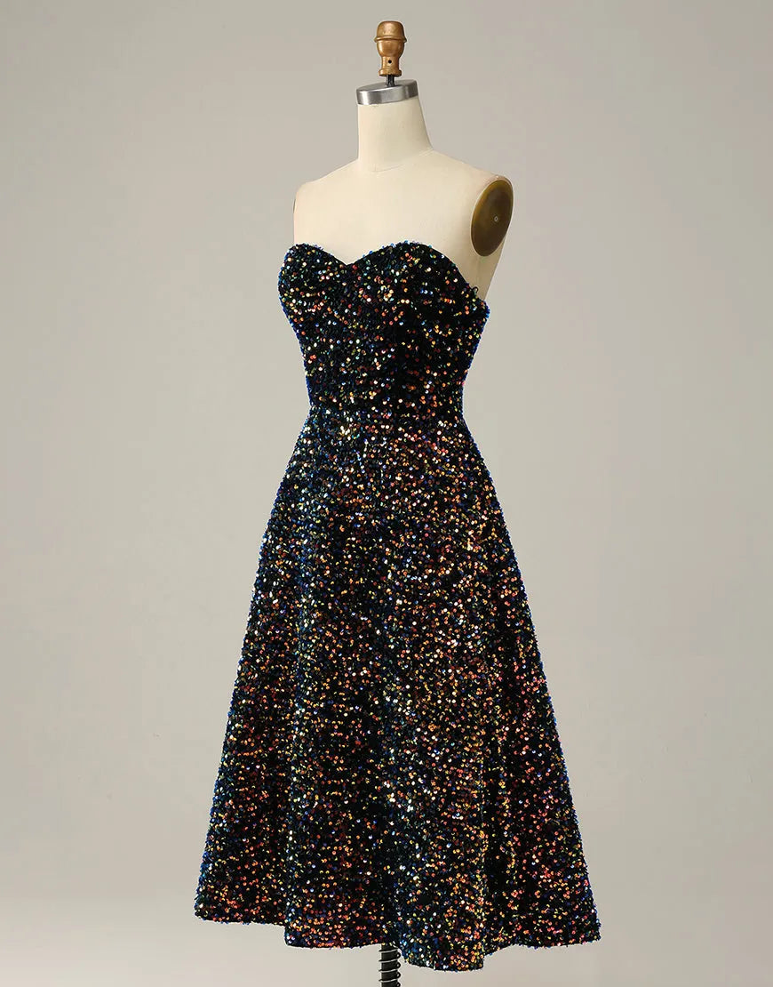 A-Line Tea Length Strapless Glitter Sequin Party Dress Off Shoulder Sparkly