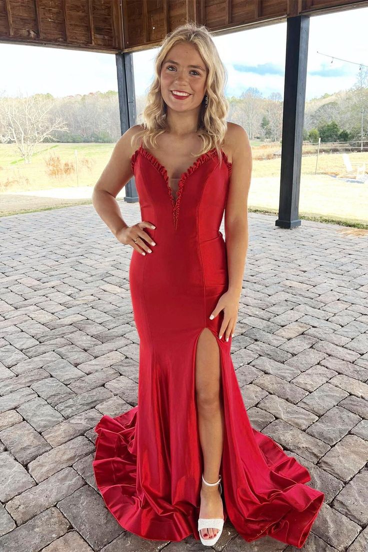 Red Mermaid Backless Prom Dresses Long Evening Dresses With Slit