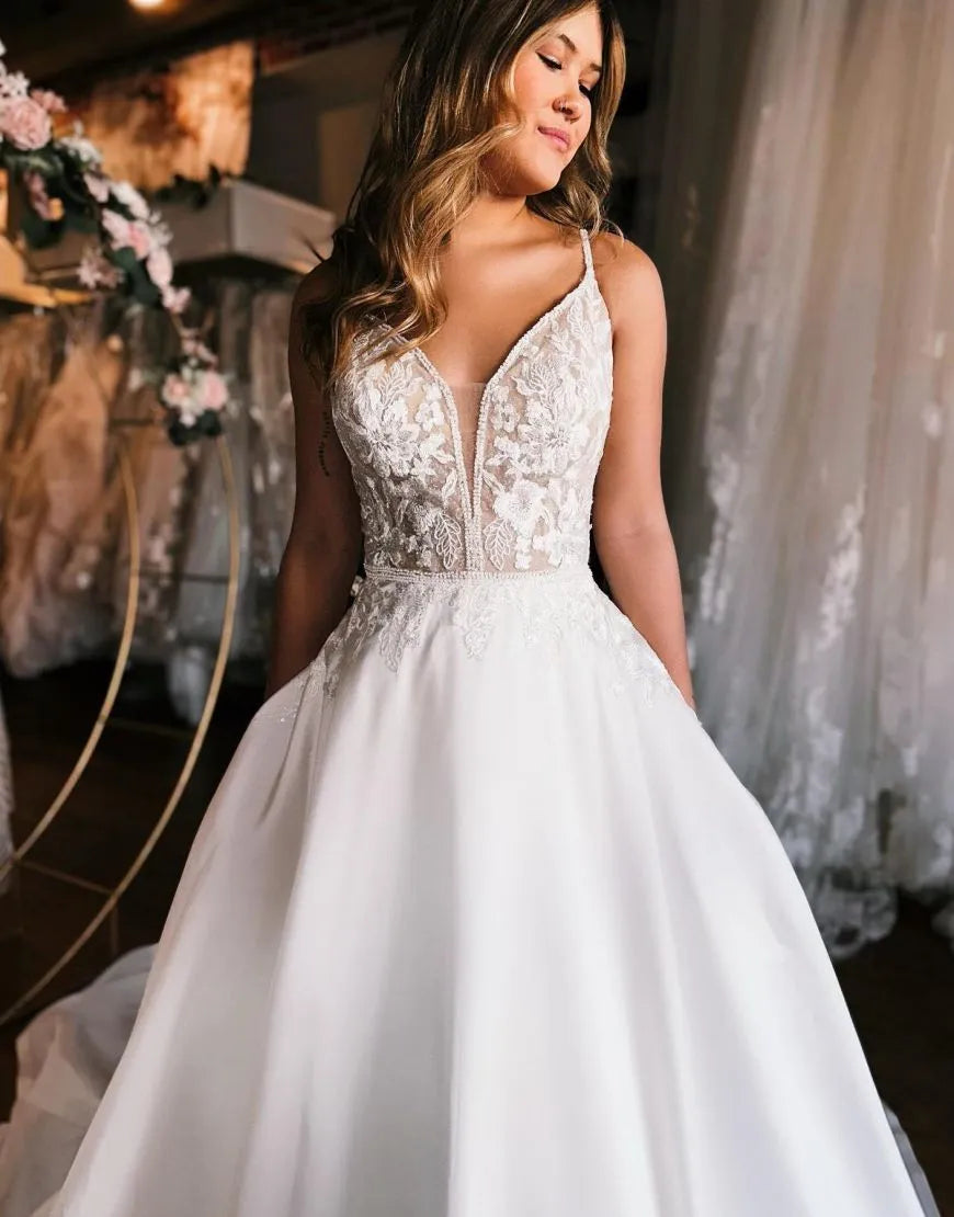 A-Line Spaghetti Straps Open Back Wedding Dress V-neck Sexy Long