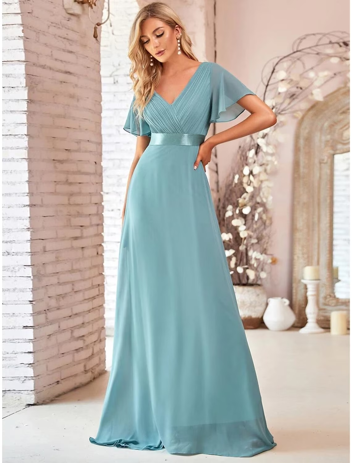 A-Line Evening Gown Empire Dress Wedding Guest Formal Evening Floor Length Short Sleeve V Neck Bridesmaid Dress Chiffon V Back