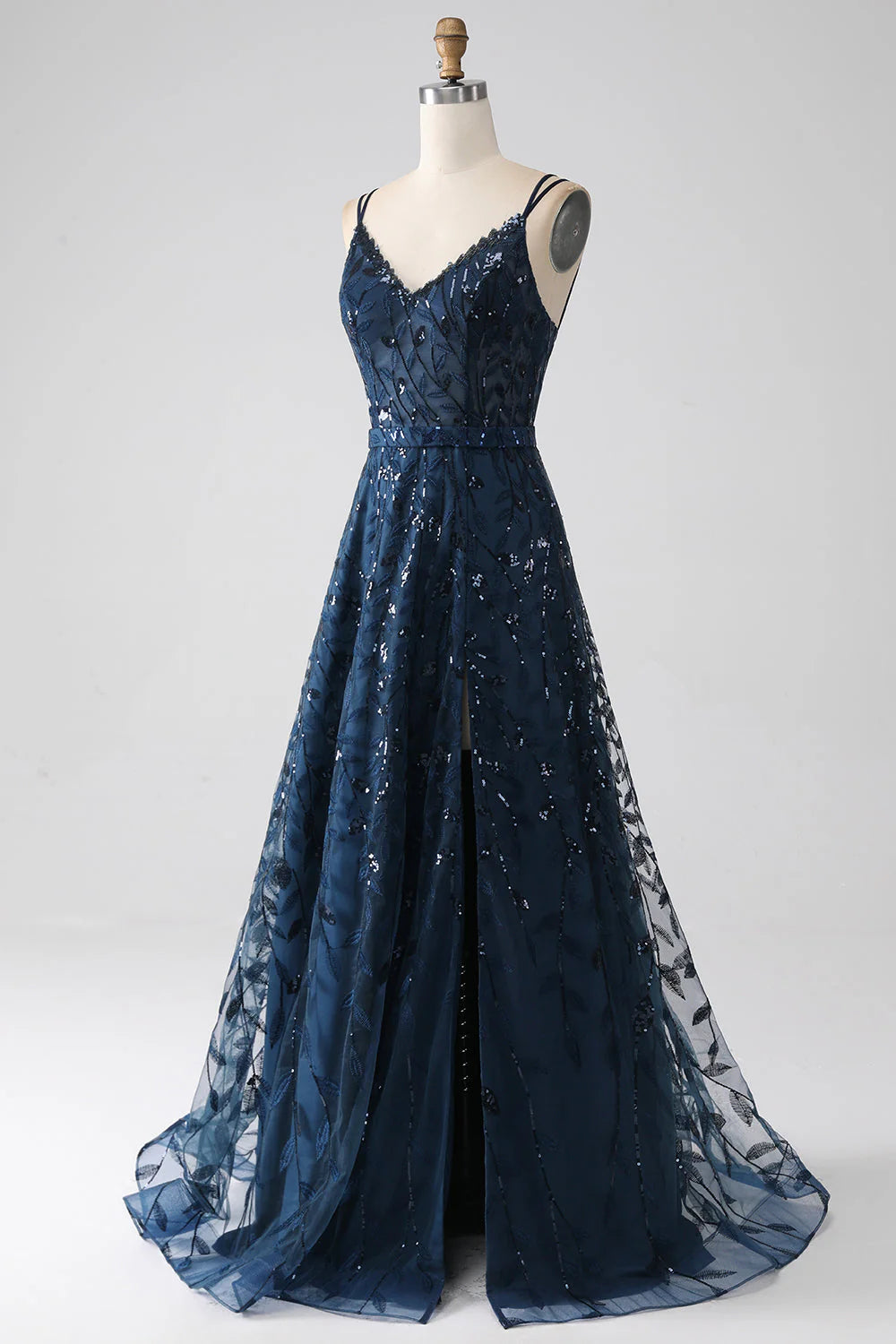 A-Line Spaghetti Straps Long Prom Dress with Slit V-neck Sparkly