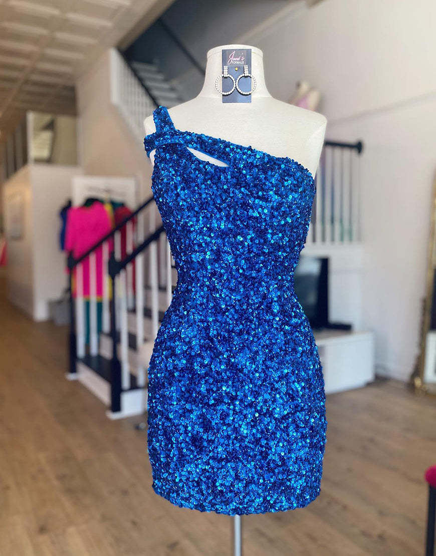 Sexy Glitter One-Shoulder Pink Sequins Short Homecoming Dress
