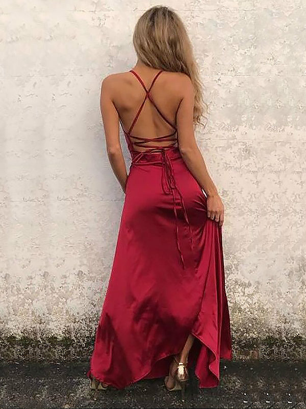 Sheath/Column Silk Like Satin Spaghetti Straps Floor-Length Long Prom Dresses Sexy Evening Dresses