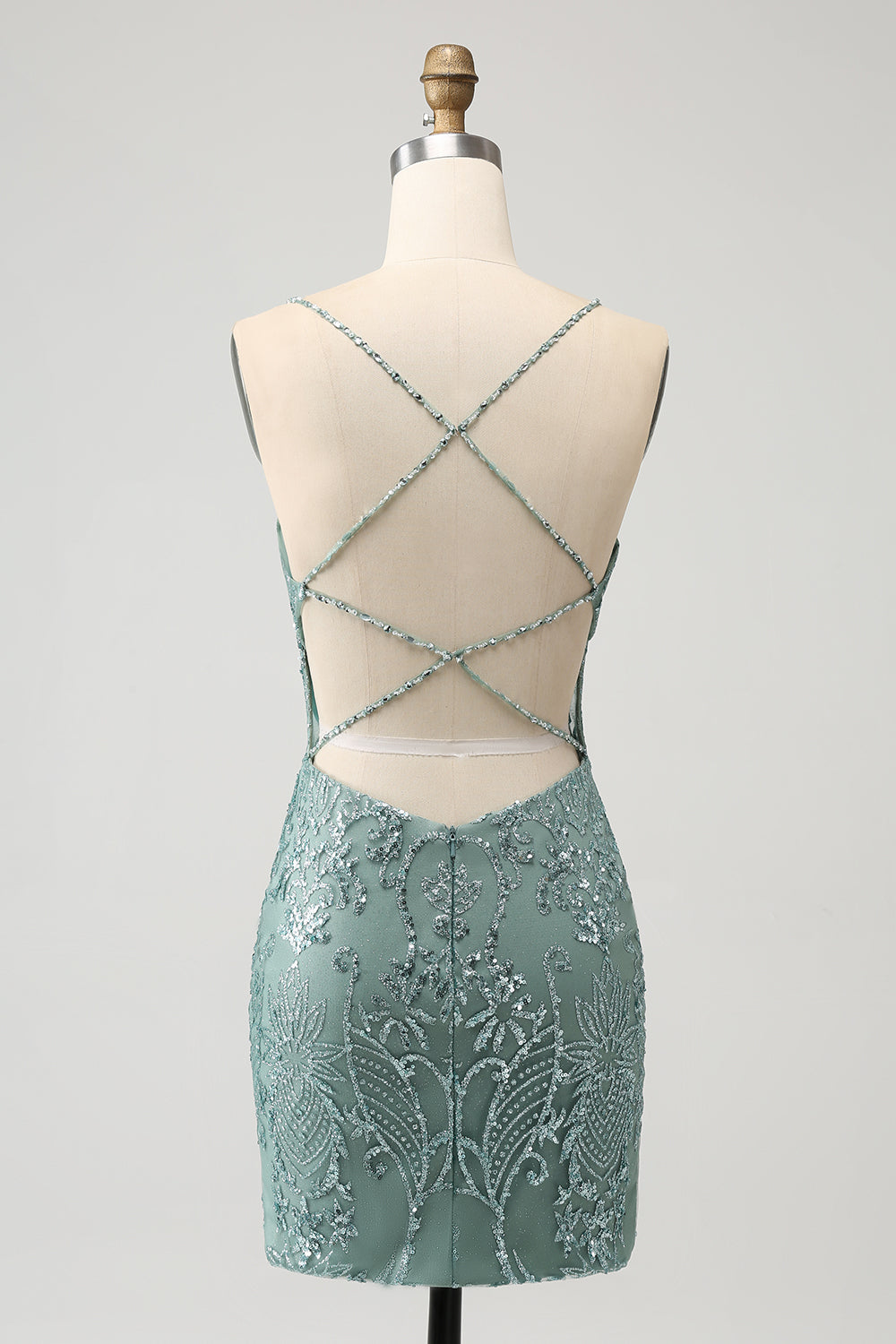 Green Bodycon Beaded Backless Short Homecoming Dress with Criss Cross Back Sexy