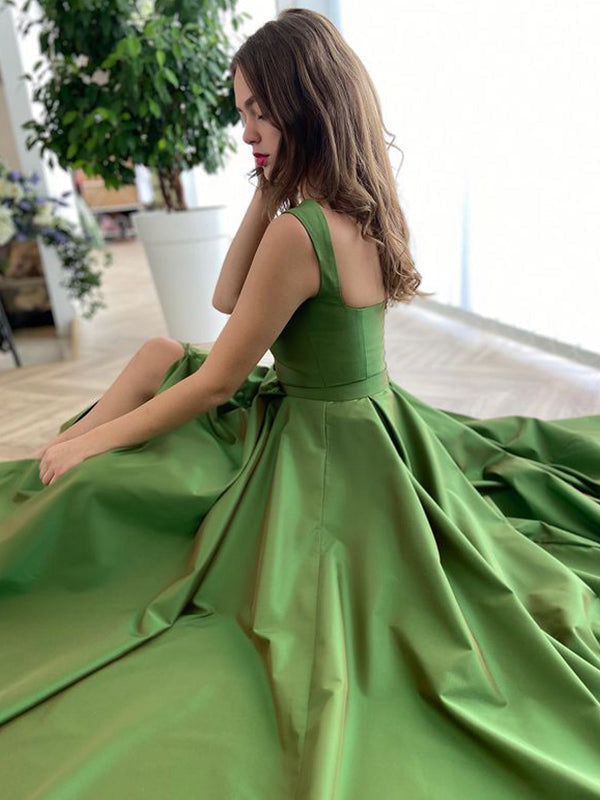 A-Line/Princess Satin Straps Sweep/Brush Train Long Prom Dresses Sexy Evening Dresses