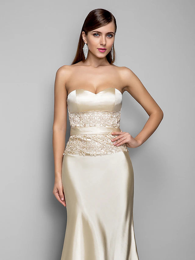 Mermaid / Trumpet Evening Gown Open Back Dress Wedding Guest Floor Length Sleeveless Sweetheart Stretch Satin