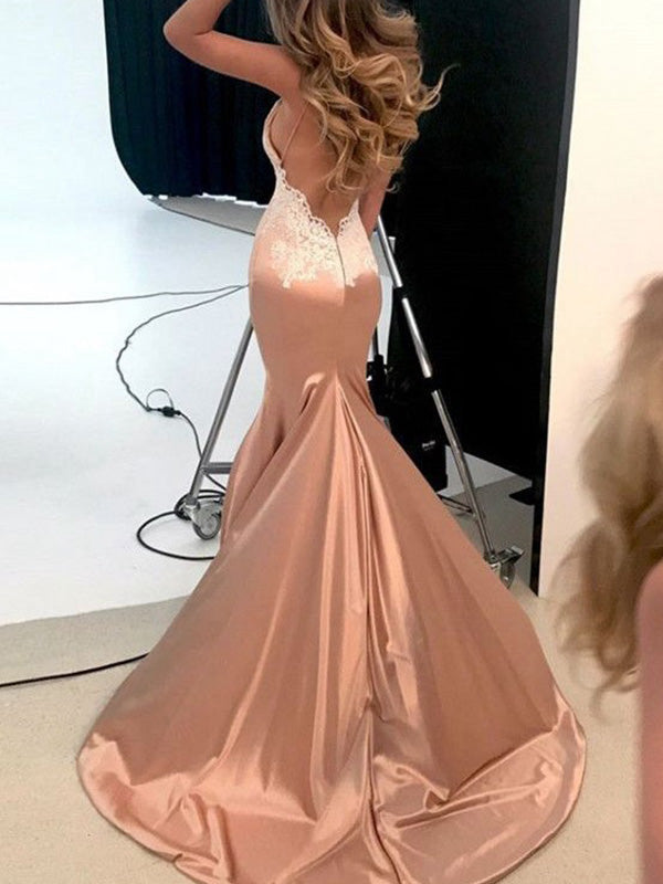 Trumpet/Mermaid Silk Like Satin Straps Sweep/Brush Train Long Prom Dresses Sexy Evening Dresses