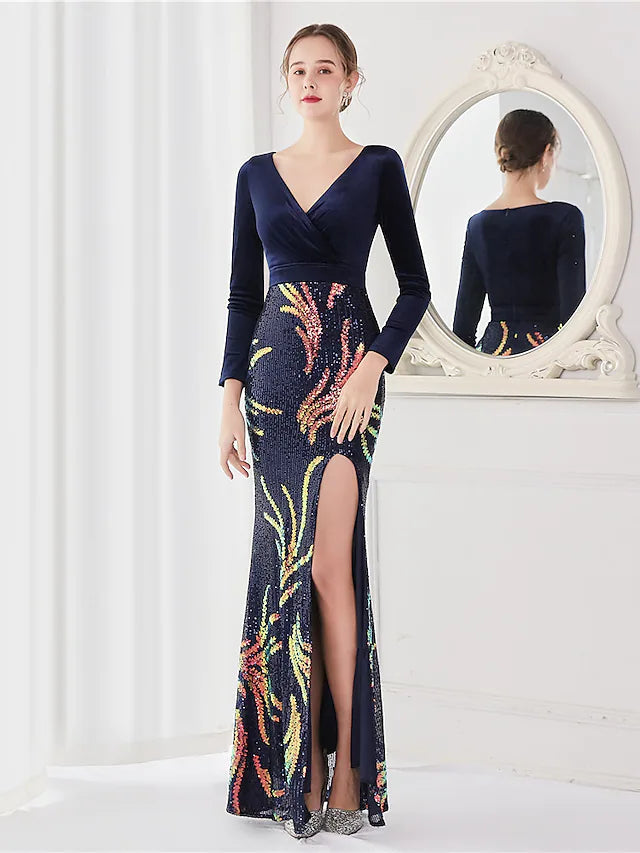 Mermaid / Trumpet Evening Gown Elegant Dress Wedding Guest Floor Length Long Sleeve V Neck Sequined V Back
