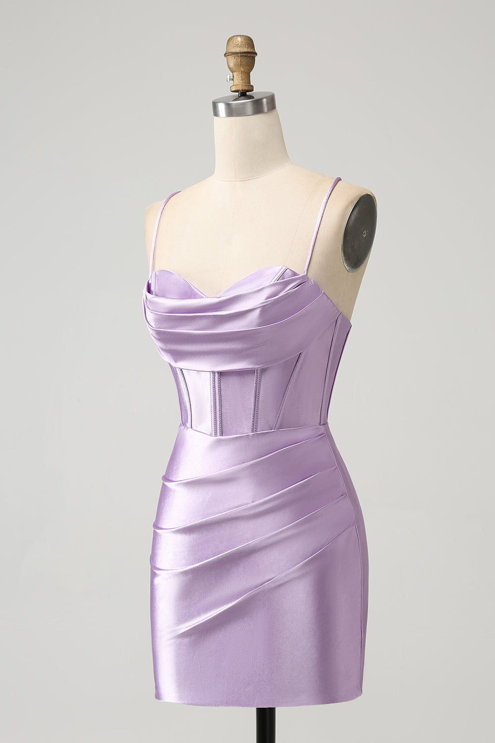 Lilac Bodycon Spaghetti Straps Corset Satin Short Homecoming Dress Pure Color