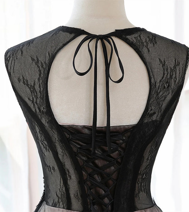 A-line Tulle with Lace Round Neckline Floor Length Party Dress Black Prom Dress Formal Dress