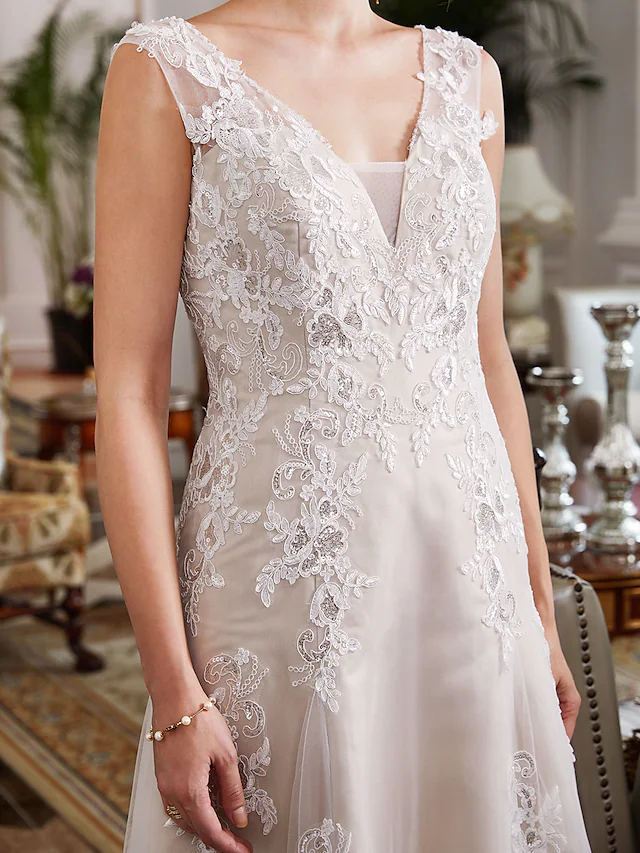 A-Line Wedding Dresses V Neck Court Train Lace Tulle Regular Straps Romantic Illusion Detail with Beading