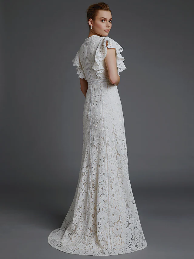A-Line Long Wedding Dresses V Neck Lace Sleeveless Boho with Split Front