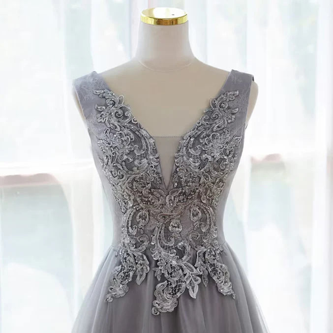 Grey A-line Tulle with Lace Long Formal Dress V-neckline Prom Dress Sleeveless december wedding guest dress
