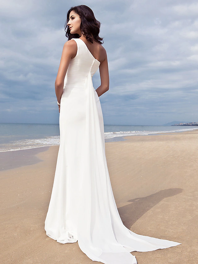 Wedding Dresses One Shoulder Chiffon Regular Straps Simple Plus Size Pure Color