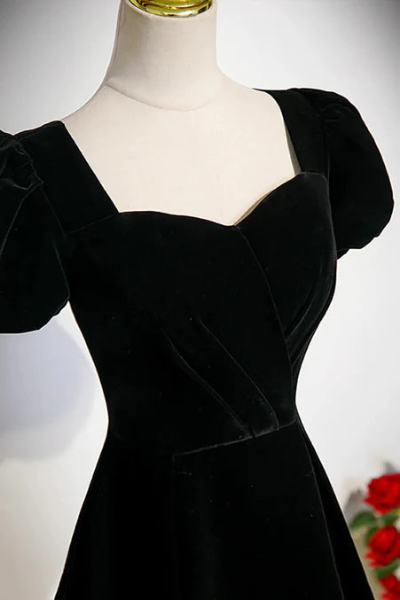 A-line Black Short Sleeves Velvet Long Party Dress Simple Bridesmaid Dress Elegant Evening Dress