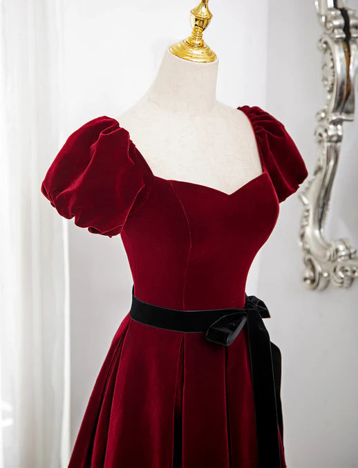 Lovely Wine Red Velvet Short Sleeves Formal Dress Prom Dress Elegant Evening Dress