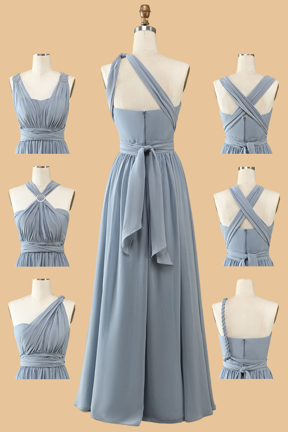 A Line One Shoulder V Neck Halter Neck Floor Length Grey Blue Bridesmaid Dress Beautiful
