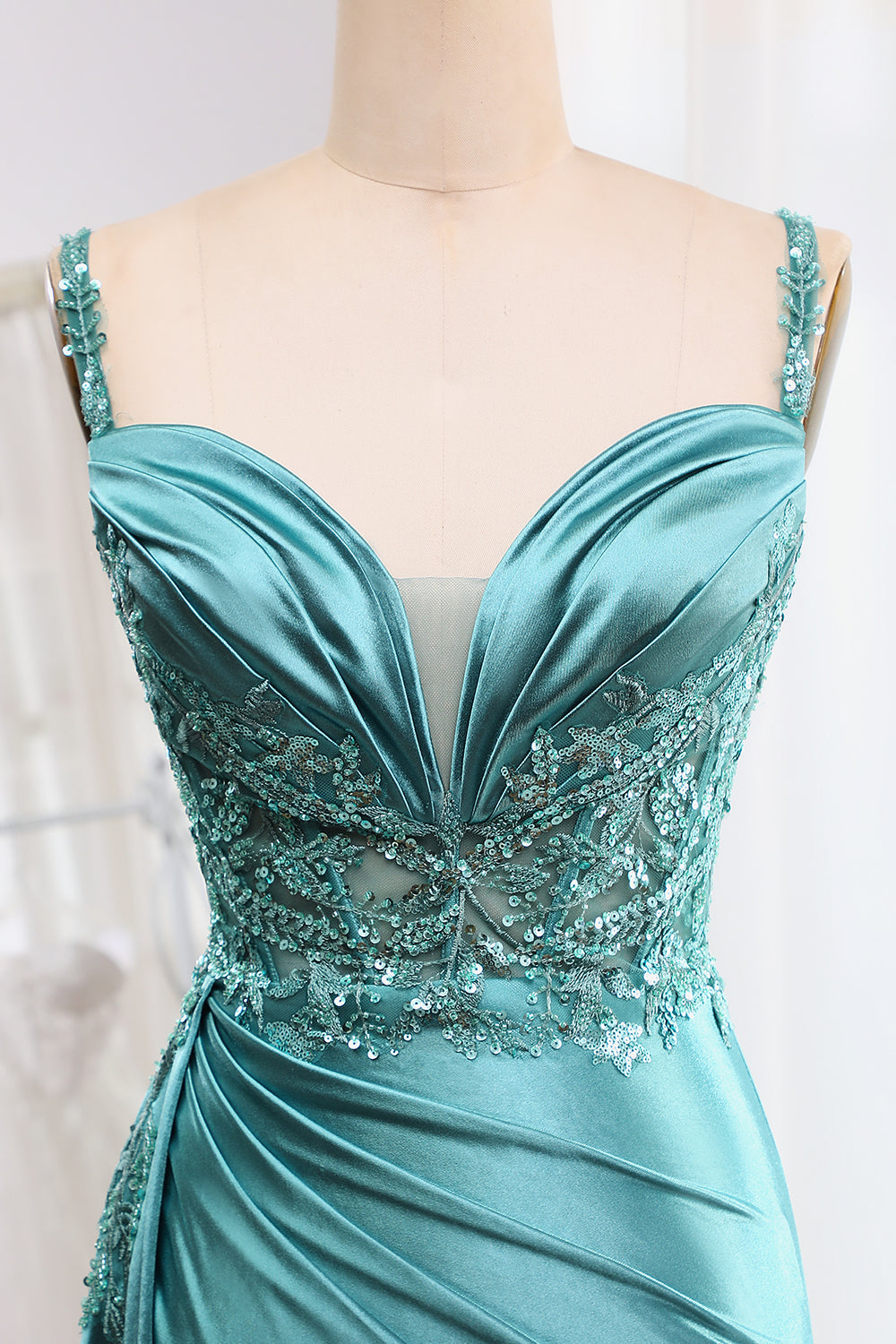 Mermaid V-Neck Satin Long Appliques Sequin Blue Prom Dress With Slit Sexy Evening Dresses
