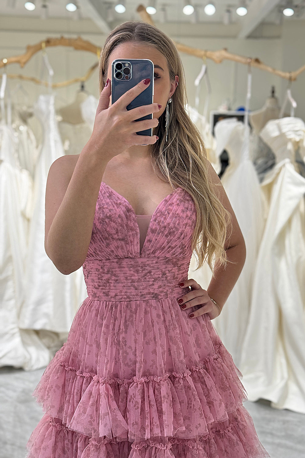 A-Line Spaghetti Straps Layered Tulle Prom Dress with Floral Printed Sexy