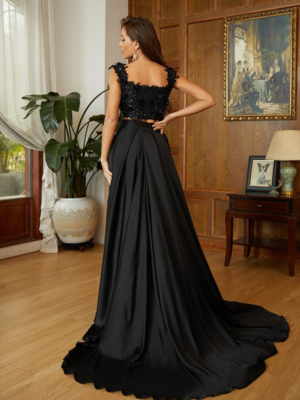 A-Line Princess Woven Satin Applique Off-the-Shoulder Sleeveless Two Piece Evening Dresses