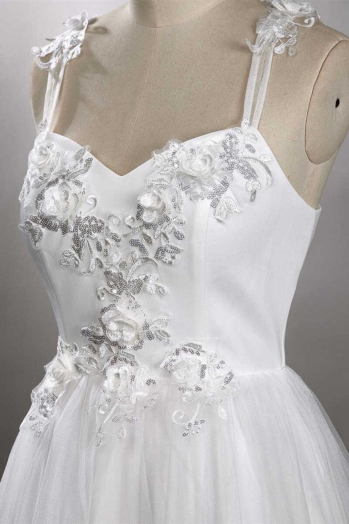 White Sweetheart Strap Flower A-Line Wedding Dress Long