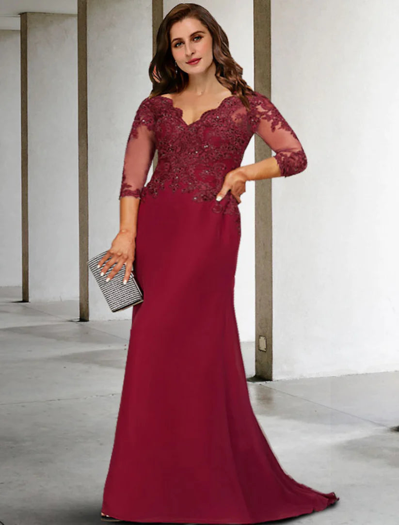 A-Line Plus Size Curve Mother of the Bride Dresses Elegant Dress Formal Wedding Guest Court Train 3/4 Length Sleeve V Neck Chiffon