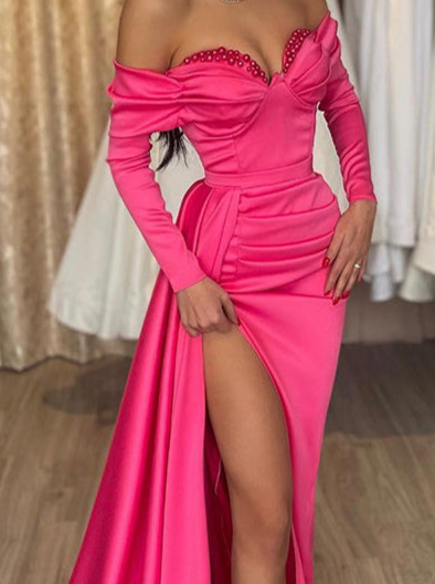 Sheath/Column Sweetheart Floor-Length Long Dresses With Split Side & Beading Evening Dresses