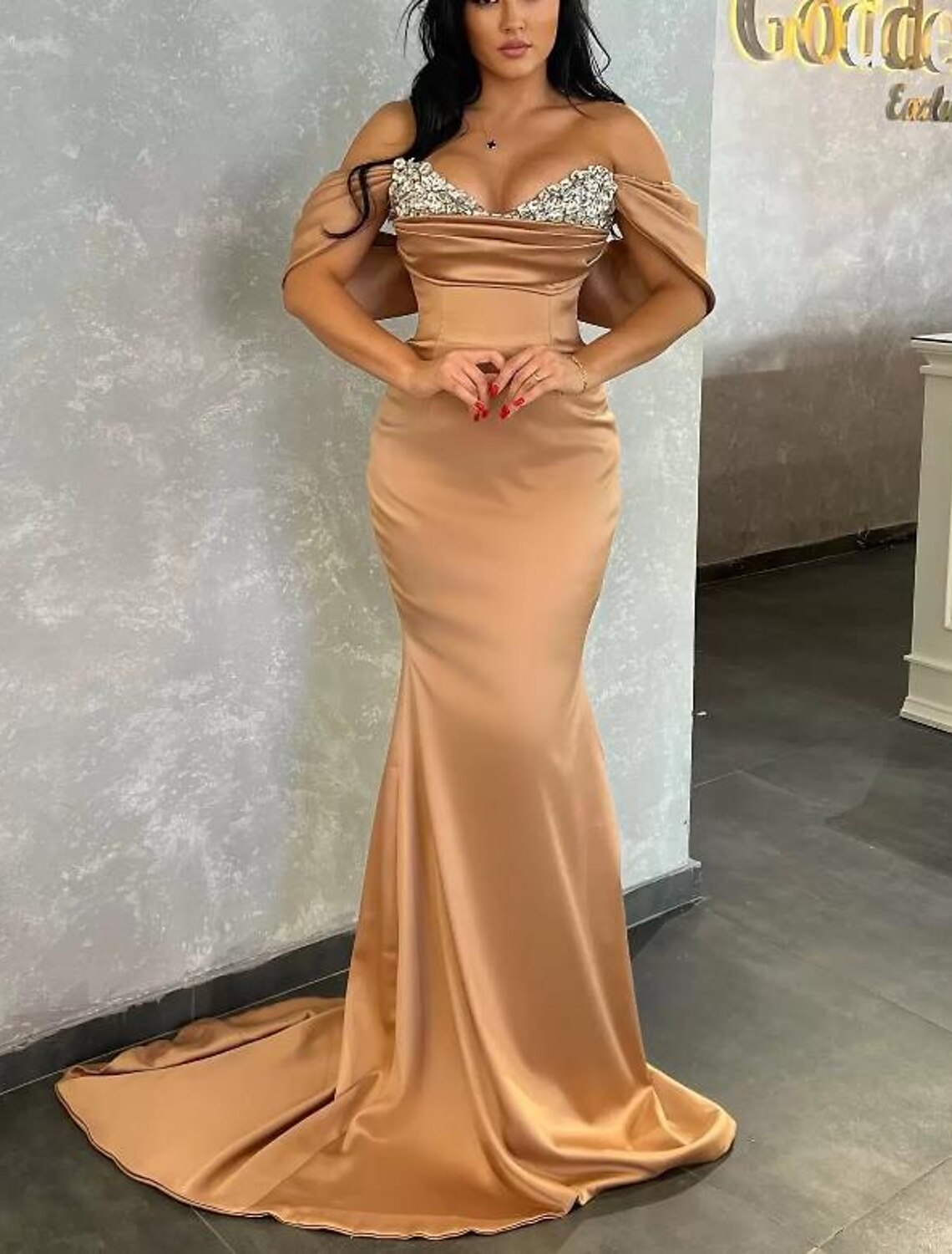 Mermaid / Trumpet Evening Gown Sexy Dress Formal Evening Sweep / Brush Train Sleeveless V Neck Charmeuse with Ruched Beading