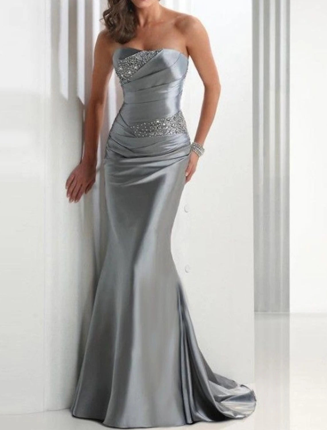 Mermaid / Trumpet Elegant Sparkle & Shine Wedding Guest Formal Evening Dress Strapless Sleeveless Sweep / Brush Train Satin
