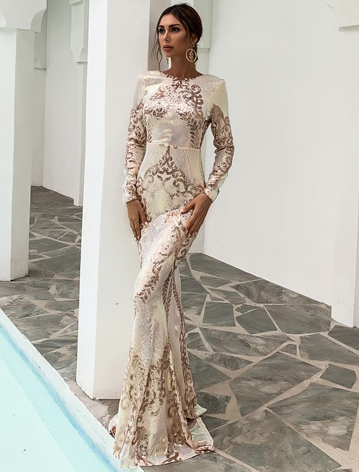 Mermaid / Trumpet Evening Gown Sexy Dress Formal Sweep / Brush Train Long Sleeve Jewel Neck Polyester Backless