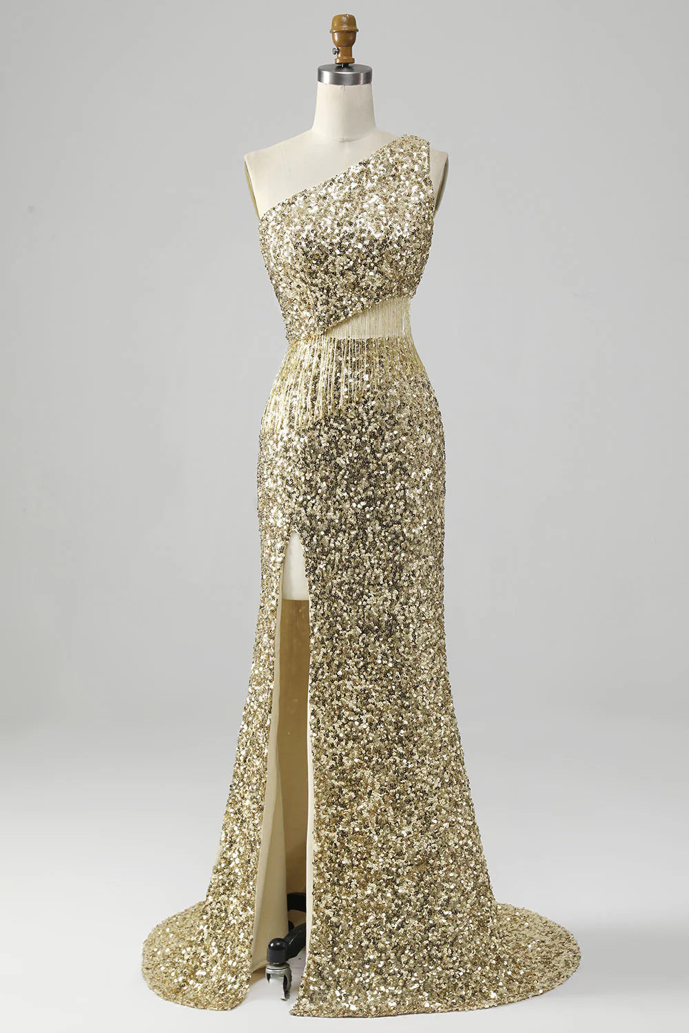 One Shoulder Fringe Sequin Prom Dress With Slit Sparkly Sexy