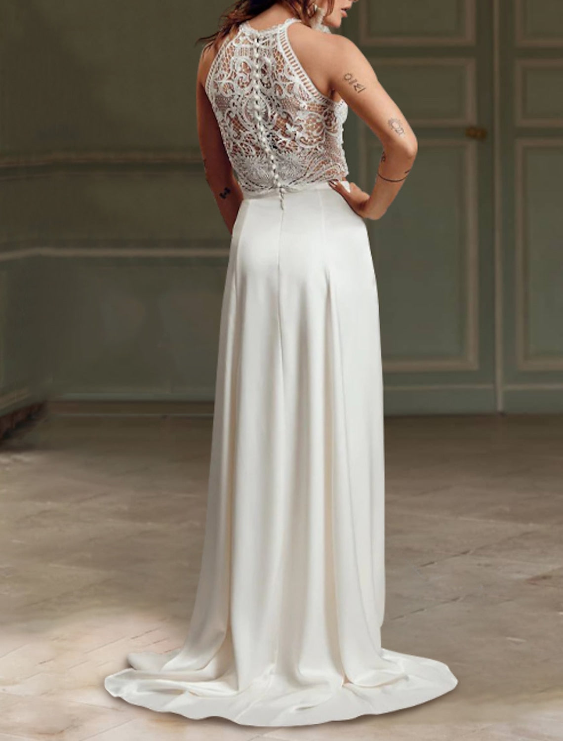 Sheath/Column Halter Floor-Length Lace Wedding Dress Sexy