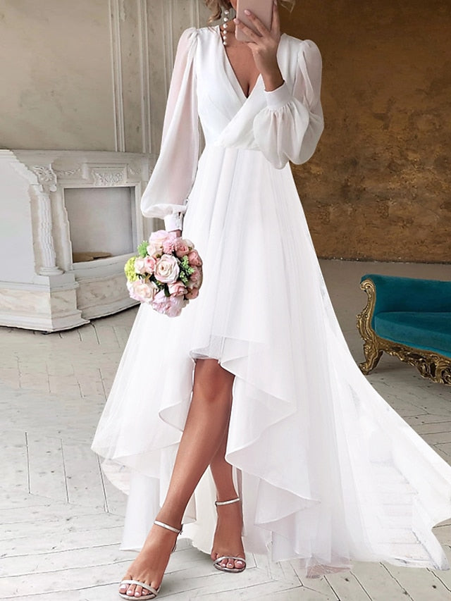 A-Line/Princess V-Neck Asymmetrical Wedding Dress Pure Color