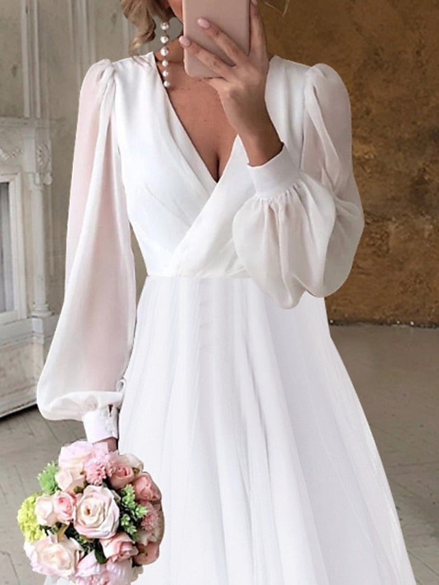 A-Line/Princess V-Neck Asymmetrical Wedding Dress Pure Color