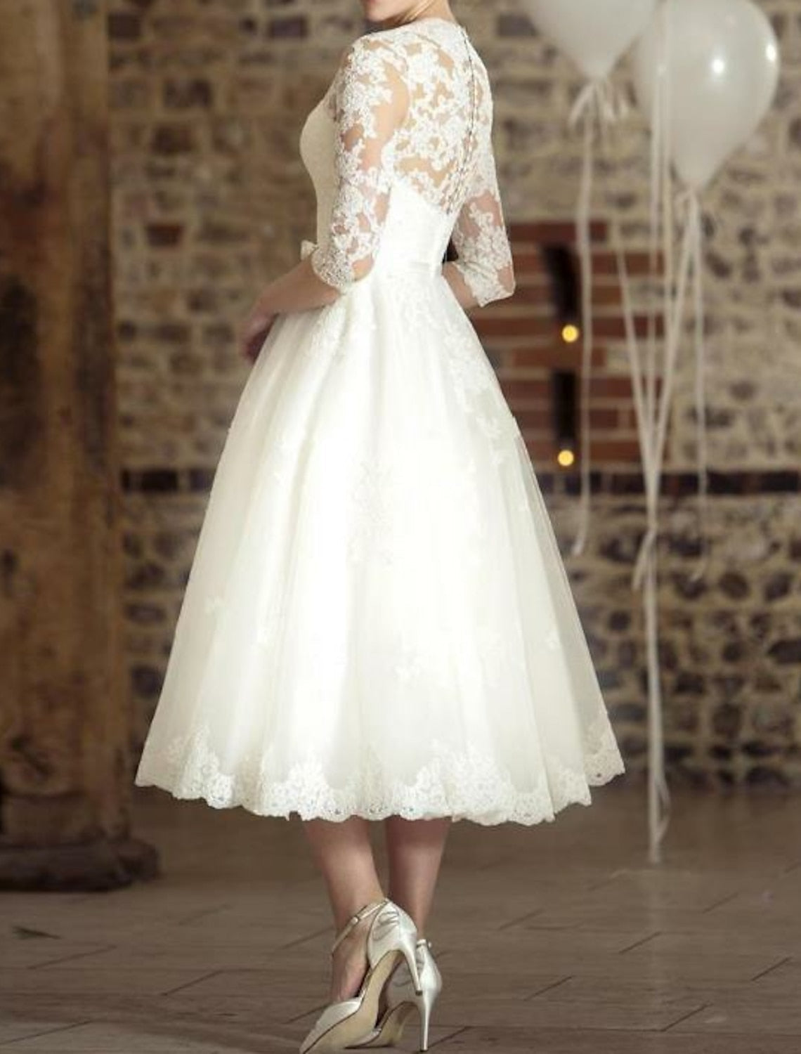 A-Line/Princess V-Neck Tea-Length Lace Wedding Dress Short Elegant Party Dress