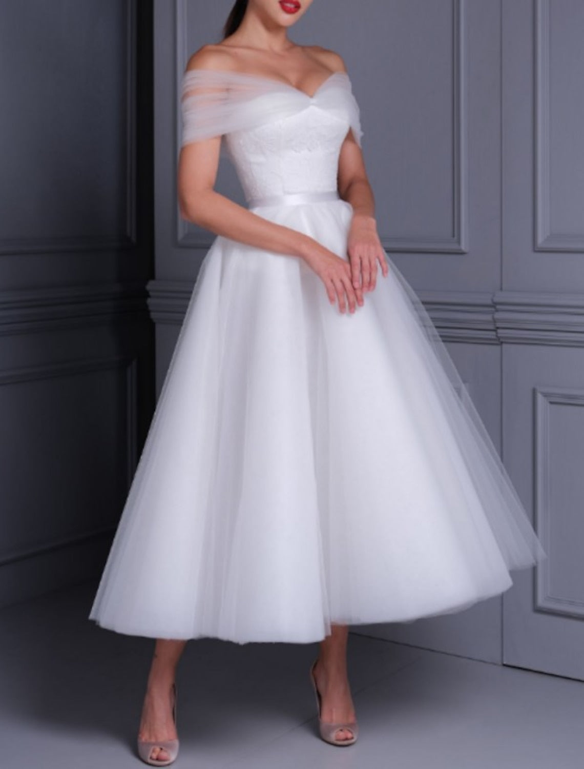 Ball Gown Off-The-Shoulder Tea-Length Lace Wedding Dress Sexy