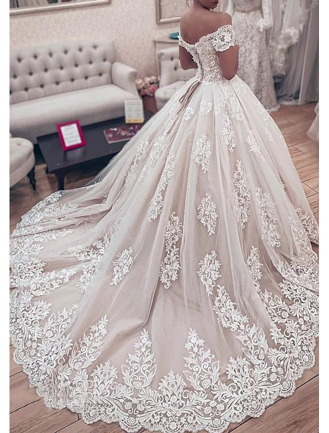 Ball Gown Off-The-Shoulder Floor-Length Lace Wedding Dress Beautiful