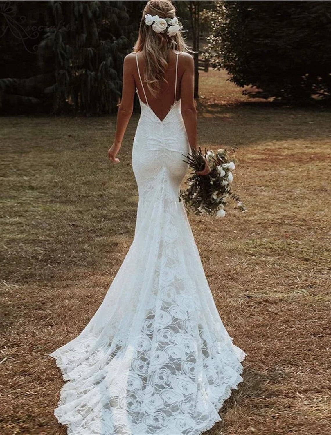 Trumpet/Mermaid Spaghetti Straps Floor-Length Lace Wedding Dress Sexy