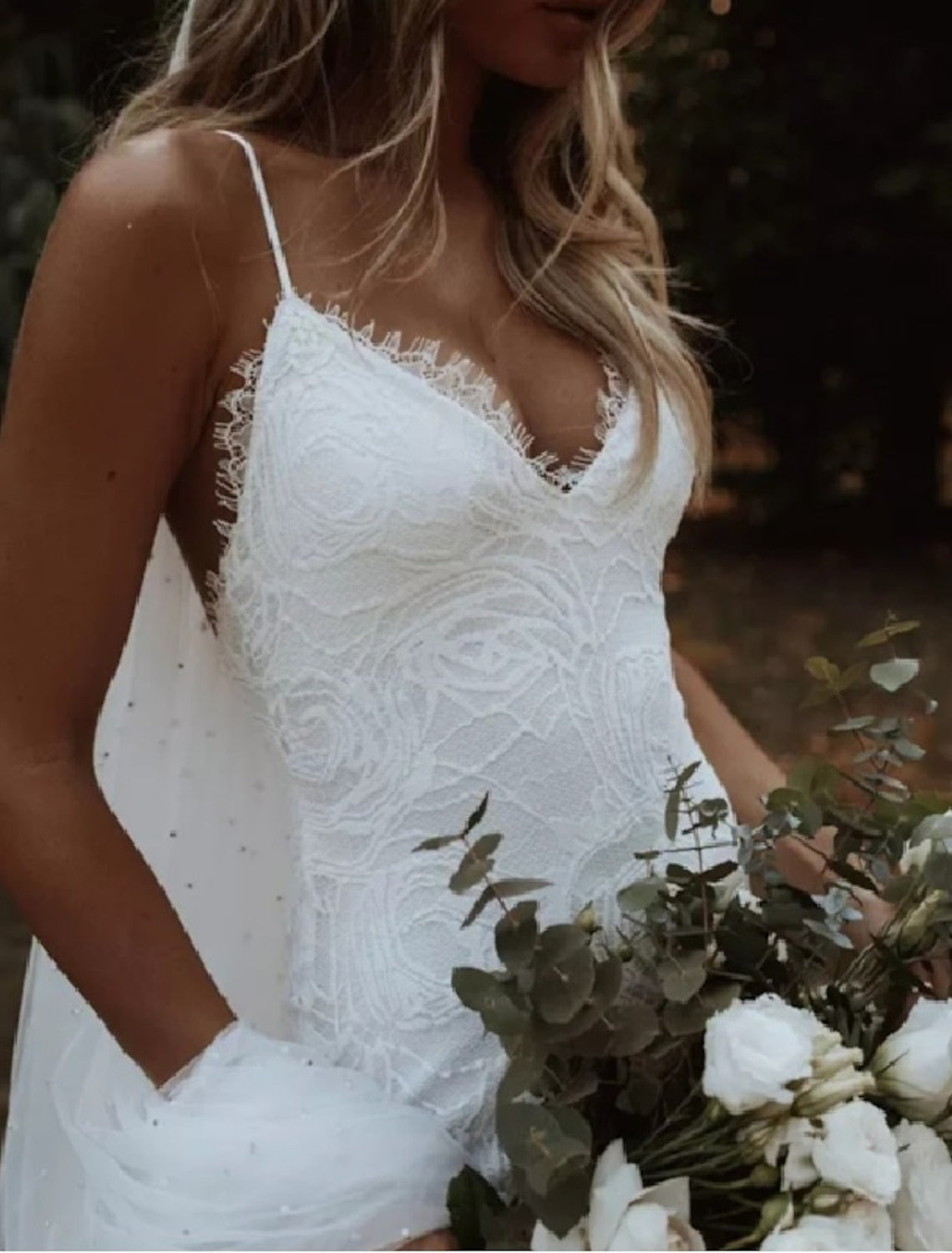 Trumpet/Mermaid Spaghetti Straps Floor-Length Lace Wedding Dress Sexy